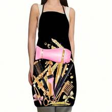 1件裝黑粉金造型工具印花圍裙，時尚沙龍風掛脖式圍裙，附可調節側肩帶，適合髮型師、美容院、理髮師與美容師的工作圍裙，適合作為禮物，四季日常使用 - 彩色 - 查看 5