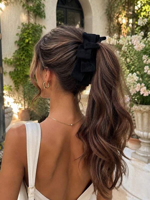 1pc Black Flocked Multi-Layer Large Bow Banana Clip Vintage Elegant Fashion High Ponytail Vertical Clip