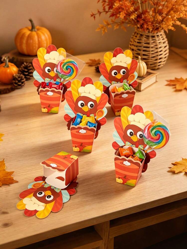 24sets(24 Cards+24 Boxes) Turkey Shaped Gift Boxes Turkey Pumpkin Pattern Paper Gift Packaging Box Cartoon Thanksgiving Harvest Theme Treat Boxes For Fall Thanksgiving Day Party Favors - Multicolor - View 9