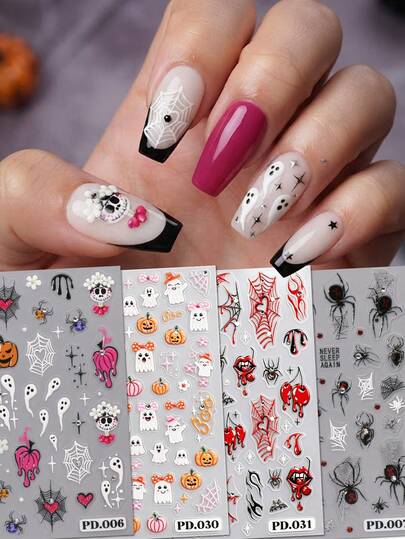 4pcs 5D Halloween Pumpkin Mixed Theme Nail Art Decor Set, Cute Ghost And Dark Gothic Spider Skull Elements, DIY Nail Artist Supplies Suitable For Halloween Party, Celebration Theme, Outfit And Creative Nail Design