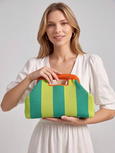 New Fashion Colorblock Striped Knit Handle Tote Bag, Foldable Clutch, Women's Wallet, Suitable For Party, Travel, Campus Daily Use
