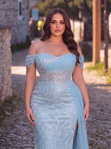 Faeriesty Luxury Plus Size Sequin & Bead Embellished Open Shoulder Neckline Side Slit Evening Gown Party Wedding Fall - Blue - View 2