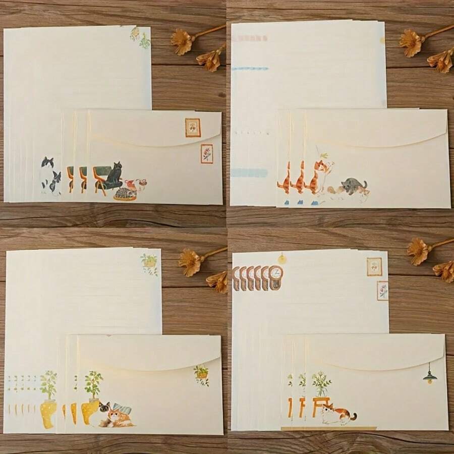 36pcs, Cat Theme Letter Set, 4 Styles, Including 24 Lined Stationery Papers And 12 Matching Envelopes, Gift Card Envelopes, Durable Paper, Minimalist Creative Love Letters, Gift Invitations, Birthday Party Invitations, Holiday Party Invitations, Romantic Confession Wedding Invitations - Kitten - View 1