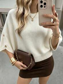 Women's Casual Autumn/Winter Solid Beige Round Neck Batwing Sleeve Knit Sweater With Button Design/Daily Commute Office Pullover - Apricot - View 3