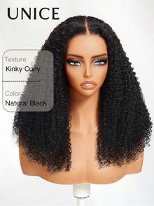 UNice Kinky Curly 7x5 Bye Bye Knots 前蕾絲無膠假髮,預拔髮線、預剪髮線,穿戴即走,150% 密度,適合女性初學者,彈性抽繩網帽,自然黑色 100% 真人髮 - Natural Black - 查看 7