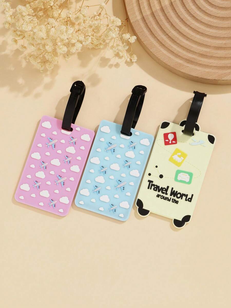 3pcs Cloud Airplane Travel World Pattern PVC Luggage Tags, Cute Suitcase Identification Labels, Anti-Lost Travel Luggage Accessories - Multicolor - View 1