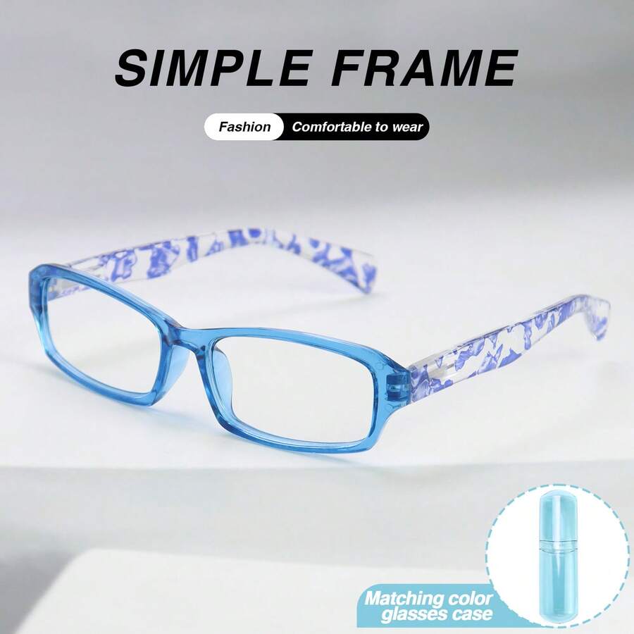 1pc New Colorful Printed Frame Reading Glasses With Matching Colorful Pen Holder Storage Box, Portable And Elegant, High-Definition Lenses For Office And Reading, Mini Portable Pen Holder Packaging - Blue - View 1