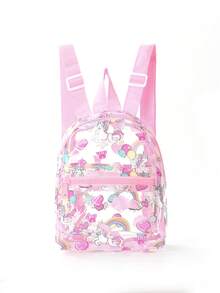 Cute Pink Unicorn Print Clear Backpack With Rainbow & Heart Design, Adjustable Straps, Front Zip Pocket For Travel, Daily Outings & Casual Use - Pink - View 7