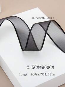1 捲 2.5CM 寬厚邊歐根紗緞帶，透明薄紗緞帶，適用於花束包裝、禮盒蝴蝶結、DIY 手作裝飾 - 黑色 - 查看 2
