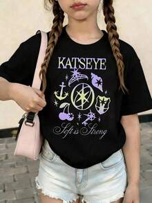 Tween-Mädchen Casual bedrucktes T-Shirt mit Rundhalsausschnitt und Kurzarm, Sommer Top - Schwarz - Übersicht 2