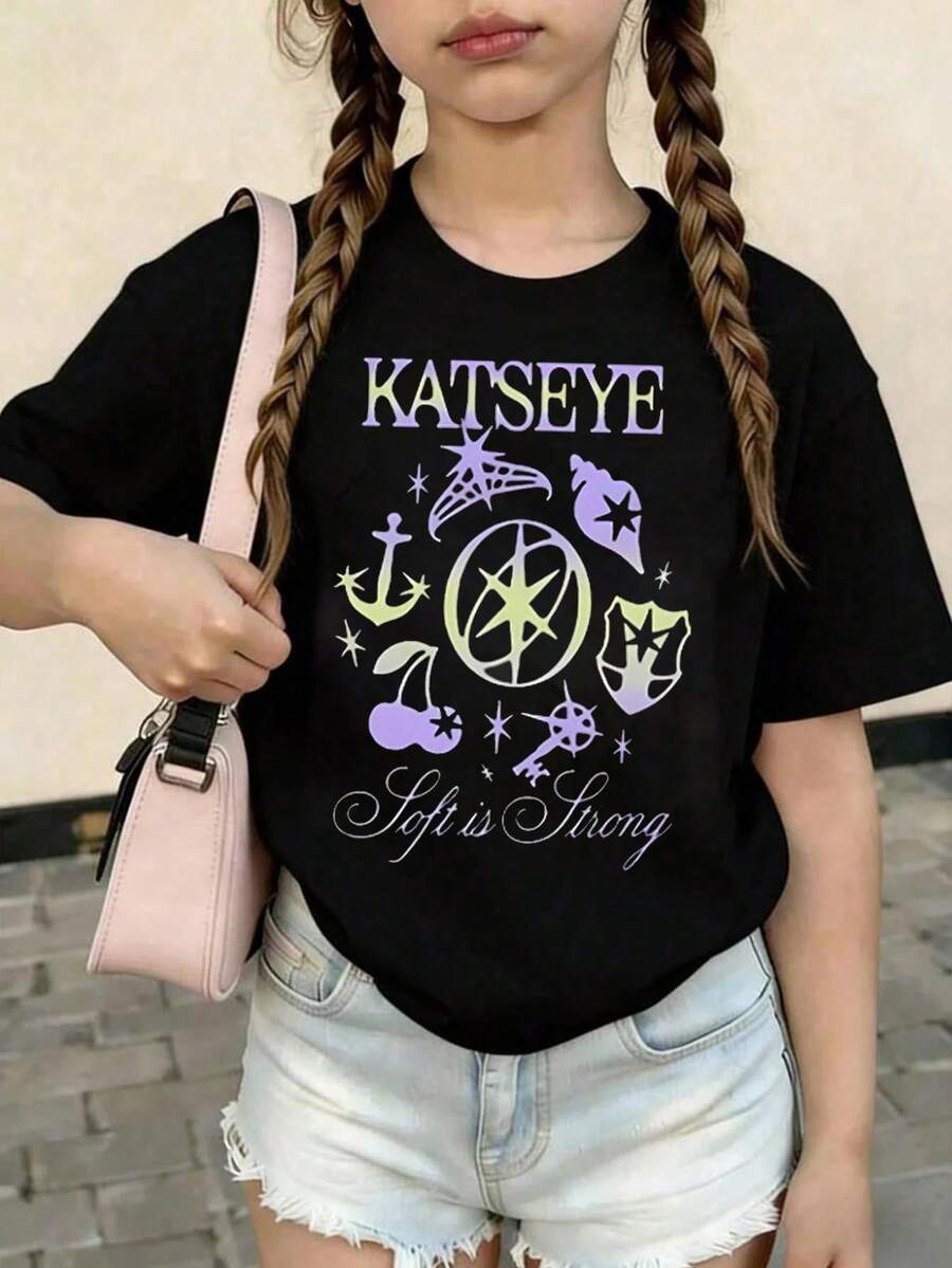 Tween-Mädchen Casual bedrucktes T-Shirt mit Rundhalsausschnitt und Kurzarm, Sommer Top
