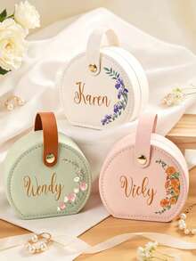 Custom Floral Semi-Circular Leather Jewelry Box, Personalized Name Portable Travel Earring Necklace Storage Box, Unique Bridesmaid Gift, Women's Birthday Gift, Bachelorette Party Keepsake - Multicolor - View 6