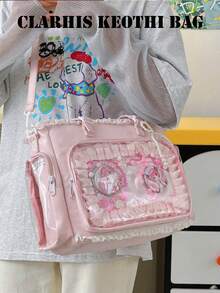 Pink Lace Decorated Ita Tote Bag, Transparent Window Design With Detachable Shoulder Strap, Multiple Pockets, Cute Anime Display Handbag, Purse, Gift - Pink - View 3