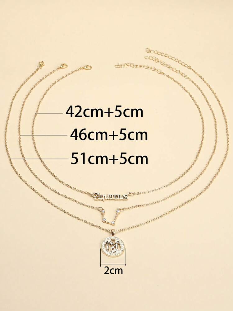 3pcs Stackable Zodiac Symbol Pendant Collarbone Chain Necklace Set, Birthday Gift For Women, Gold Plated Necklace Set - Yellow Gold - View 2
