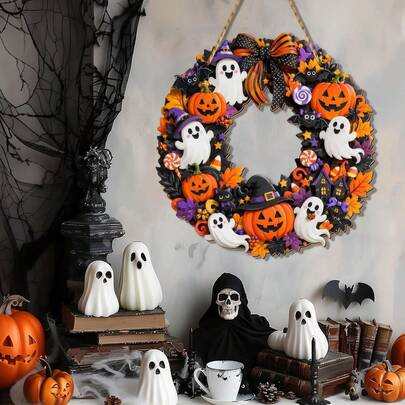 1pc Halloween Front Door Wreath, Cute Ghost Pumpkin Bat Haunted House Autumn Door Wreath, With Orange Purple Bows Maple Leaves Candy Decor, Spooky Halloween Home Wall Hanging Decoration, Suitable For Porch Indoor Outdoor Party Decor