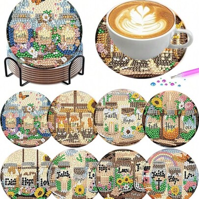 8件組鑽石彩繪杯墊套組 風景圖案（附收納架）－居家裝飾 DIY 鑽石藝術手工套件 初學者適用 鑽石手工藝用品 人造鑽石藝術手工禮品