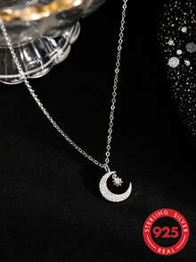 1pc S925 Sterling Silver Luxury Cool-Tone Full Rhinestone Crescent Moon & 8-Point Star Pendant Necklace, Dreamy Romantic Elegant Niche Exquisite Personalized Neck Accessory For Women, Suitable For Date, Vacation Or Daily Wear, Holiday Fashion Gift - Stars and Moon - View 4