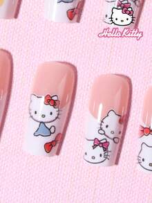 Sanrio Hello Kitty 24片中號方形可愛3D白色法式穿戴甲，附可愛Hello Kitty與蝴蝶結圖案裝飾設計，完美貼合壓克力假指甲套組，含1片果凍膠與1個指甲锉，適合女孩派對使用 - 彩色 - 查看 3