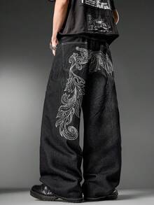 Korean Street Style Men's Wide Leg Jeans, Two-Tone Embroidery Design, Loose Fit, Full Length Trousers, All-Season (Belt & Accessories Not Included) - Black - View 5