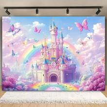 2d Flat Banner 1pc, Magic Fairy Story Castle Background With Vibrant Rainbow Butterflies And Romantic Buildings, Suitable For Wedding Birthday Anniversary Banner Background. - 1 - View 2