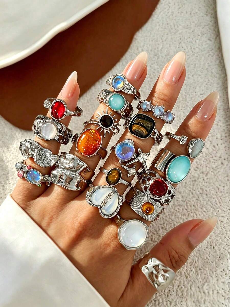 20pcs Vintage Elegant Old Money Style Faux Gemstone Women's Ring Set, Suitable For Daily Wear, Vacation, Casual, Party, Banquet, Gathering - Multicolor - View 1