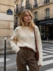 2026 Autumn/Winter New Women's American Vintage Cable Knit Crew Neck Fisherman Sweater Top - Apricot - View 4