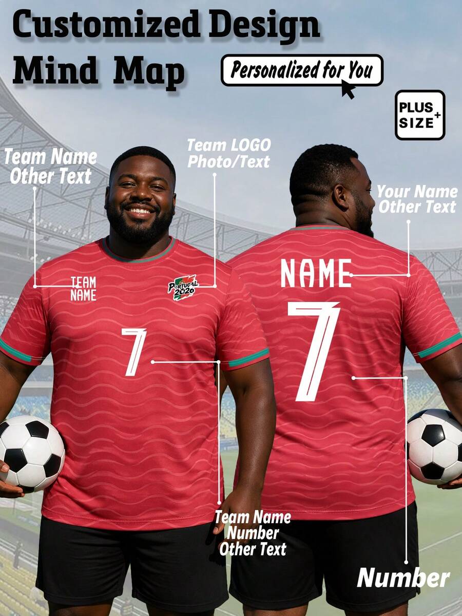 1pc Personalized Season Portugal Red Style Plus Size Men's Football Jersey - Custom Name, Team Name And Team Logo Short Sleeve T-Shirt Sports, World Cup - Red - View 1