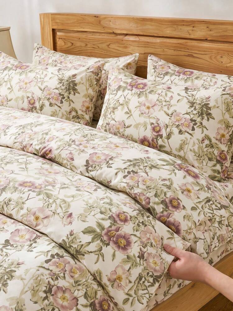2/3Pcs 100%Cotton Flower Leaf Pattern Print Duvet Cover Set Without Filler Breathable Supersoft All-Season (1pc*Duvet Cover + 1/2pcs*Pillowcase, No Pillow Core), Soft Two Tone Bedroom Guest Room Back School Dorm Bedding Set - Multicolor - View 4