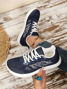 Women's Plus Size Wide Toe Box Athletic Shoes, Minimalist Striped Mesh Decor, Front Lace-Up, Extra Wide Soft Sole, Suitable For Outdoor Sports - Navy Blue - View 8