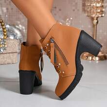 Sepatu Bot Ankle Wanita Ujung Bulat Hak Tebal dengan Hiasan Berlian Imitasi dan Resleting Samping, Sepatu Bot Vintage untuk Perjalanan Musim Gugur/Dingin yang Menambah Tinggi Badan - Coklat - View 6