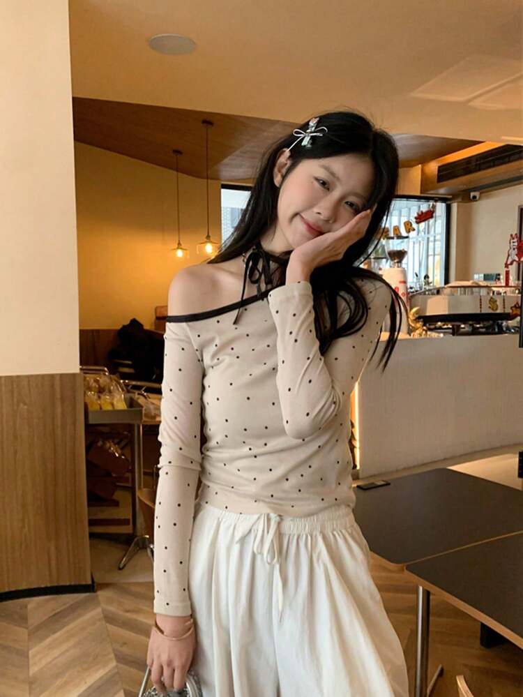 女款波點領結長袖露肩圓領打底上衣（隨機波點） - 杏色 - 查看 4
