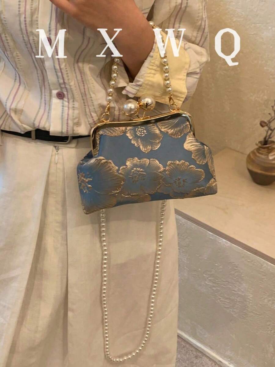 新款復古風布料珍珠鏈條扣女款手提包，優雅百搭斜挎包