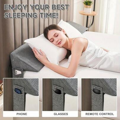 Ergonomic Bed Wedge Pillow – Adjustable Gap Filler For Headboards (0–20.3 Cm), Soft Textured Fabric, Machine Washable Cover, Multi-Functional Storage For Phone, Glasses & Remote, Comfort-Focused Design, Durable Padding, Modern Bedroom Essential, Neut