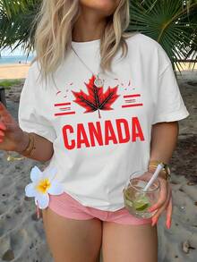 Canadian Maple Leaf Patriotic Printed Cotton T-Shirts, Women's Tops, Women's Casual Shirts, Summer T-Shirts, Women's Summer Tops, Summer Clothing - White - View 2