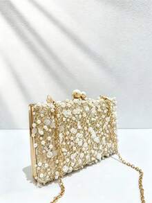 Women's Evening Clutch, Rectangular Hard Frame Bag, Beaded & Round Sequin Lace Covered Pattern, Suitable For Wedding, Ball, Bridal Party - Gold - View 5