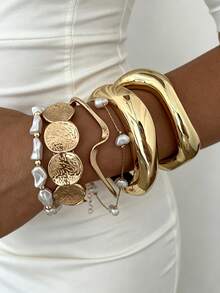 6/1pc Vintage Elegant Women's Gold Wave CCB Spring Clasp Metal Bracelet & Pearl Bracelet Set, Suitable For Daily Wear And Vacation - Gold - View 1