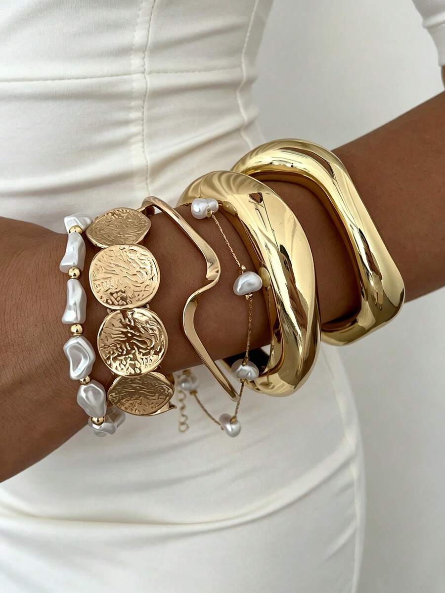 6/1pc Vintage Elegant Women's Gold Wave CCB Spring Clasp Metal Bracelet & Pearl Bracelet Set, Suitable For Daily Wear And Vacation - Gold - View 1