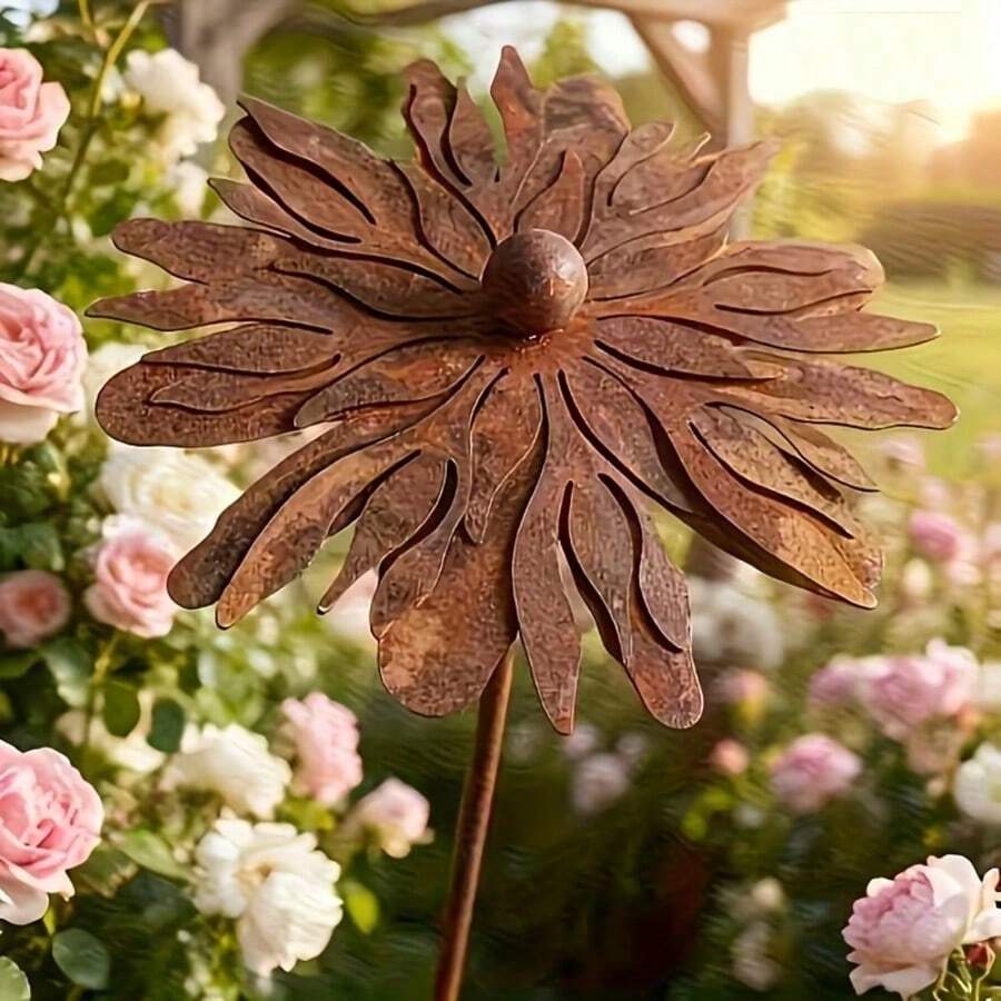 1 pieza Estaca de jardín de metal con diseño de crisantemo, decoración artística para jardín, patio y césped, inserto de suelo floral de hierro rústico, escultura de silueta de crisantemo para exteriores, regalo de decoración exterior para días festivos - por defecto - Ver 1