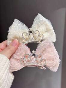 1件公主皇冠髮夾 生日頂部髮飾 甜美可愛 3D蝴蝶結髮夾（紙卡僅供展示） - 網紗皇冠蝴蝶結頂夾 - 查看 11