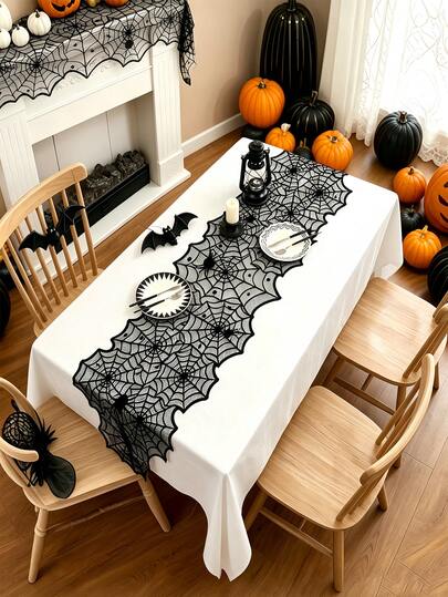 Halloween Asymmetrical Spider Web Hollow Lace Black Vintage Table Runner, Suitable For Party Atmosphere Decoration, Home Decor, Indoor And Outdoor Coffee Table, Entryway, Living Room, Dining Room Table, Back To School Halloween Autumn Decoration