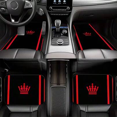 4PCS Red Crown Print Fashion Minimalist Car Floor Mats, Anti-Slip Stable No Displacement, Durable And Wear-Resistant, All-Season Use, Practical Car Interior Decoration Accessories