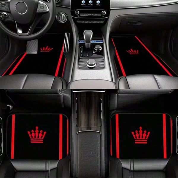 4PCS Red Crown Print Fashion Minimalist Car Floor Mats, Anti-Slip Stable No Displacement, Durable And Wear-Resistant, All-Season Use, Practical Car Interior Decoration Accessories
