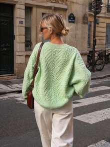 2026 Autumn/Winter Women's Chunky Knit Sweater, Cable Knit Pattern, V-Neck, Long Sleeve, Loose Fit, Button-Down Cardigan Top - Green - View 5