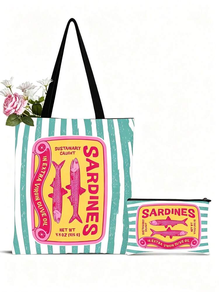 1pc Women's Reusable Tote Bag, Handbag And Cosmetic Bag Set - Colorful Minimalist Pink & Green Striped Sardine Can Print Polyester Shopping Bag, Fixed Shoulder Strap Design, Suitable For Beach, Picnic, Shopping And Food Storage, Foldable Tote Bag, Multi-Functional, Multi-Purpose, Large Capacity, Lightweight, Practical, Multi-Use, Can Be Given To Friends And Family For Daily Use, Suitable For Commuting, Travel, Beach Vacation, Campus Daily, Back To School Gift - Multicolor - View 10