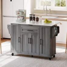 Mobile Kitchen Island Cart With Foldable Tabletop, Rolling Storage Trolley With Adjustable Shelves, Double Door Cabinets And 2 Drawers, Kitchen Storage Island With Towel Rack And Spice Rack For Dining Room, White, 129 X 46 (71) X 91 Cm - Grey - View 10