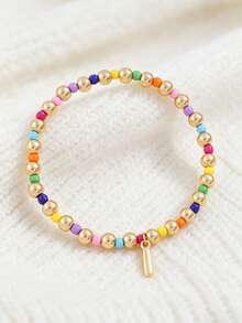 1 Buah Gelang Huruf Manik-Manik Kecil untuk Anak Perempuan, Gelang Elastis dengan Liontin Huruf Awal Tunggal A-Z Kustom, Gelang Manik-Manik Buatan Tangan Berwarna-warni Gaya Boho yang Dapat Ditumpuk, Aksesori Harian - MultiWarna - View 14
