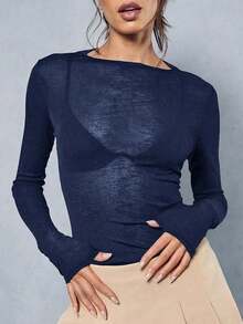 ChicMe Women's Boat Neck Long Sleeve Slim Fit T-Shirt, Sexy Sheer Mesh Tulle Base Layer Top, Suitable For Outings And Parties - Navy Blue - View 11