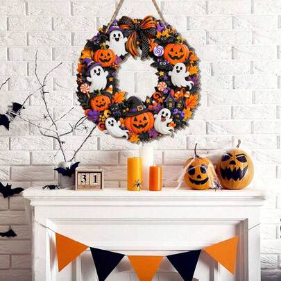 1pc Halloween Front Door Wreath, Cute Ghost Pumpkin Bat Haunted House Autumn Door Wreath, With Orange Purple Bows Maple Leaves Candy Decor, Spooky Halloween Home Wall Hanging Decoration, Suitable For Porch Indoor Outdoor Party Decor