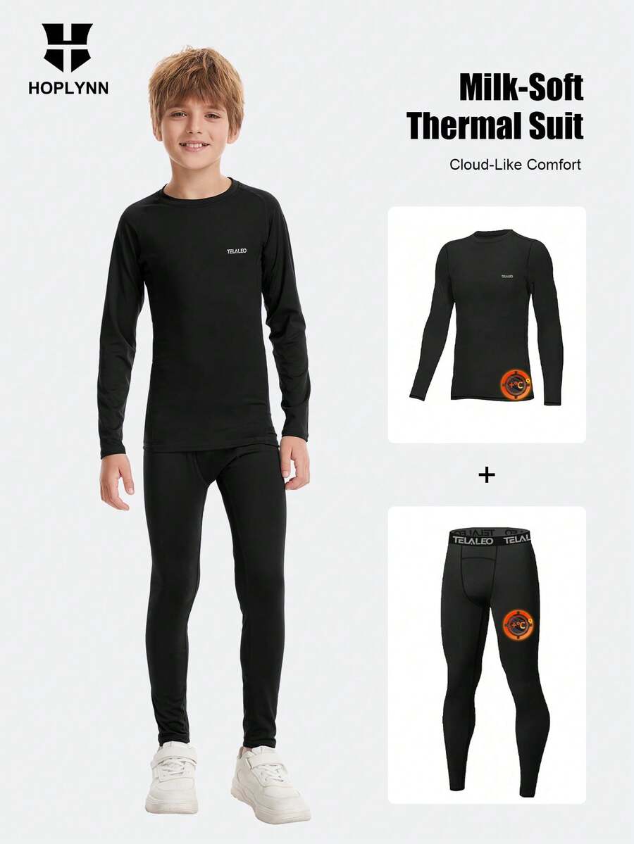 HOPLYNN Teenage Boys' Thermal Compression Long Sleeve Base Layer Underwear Set, Warm Sports Football Undershirt - Black - View 1