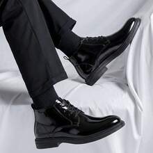 British Style Shiny Patent Leather High-Top Men's Lace-Up Soft Sole Business Commuter Boots, Versatile Casual Formal Ankle Boots For Workplace, Wedding And Everyday Wear - Black - View 1